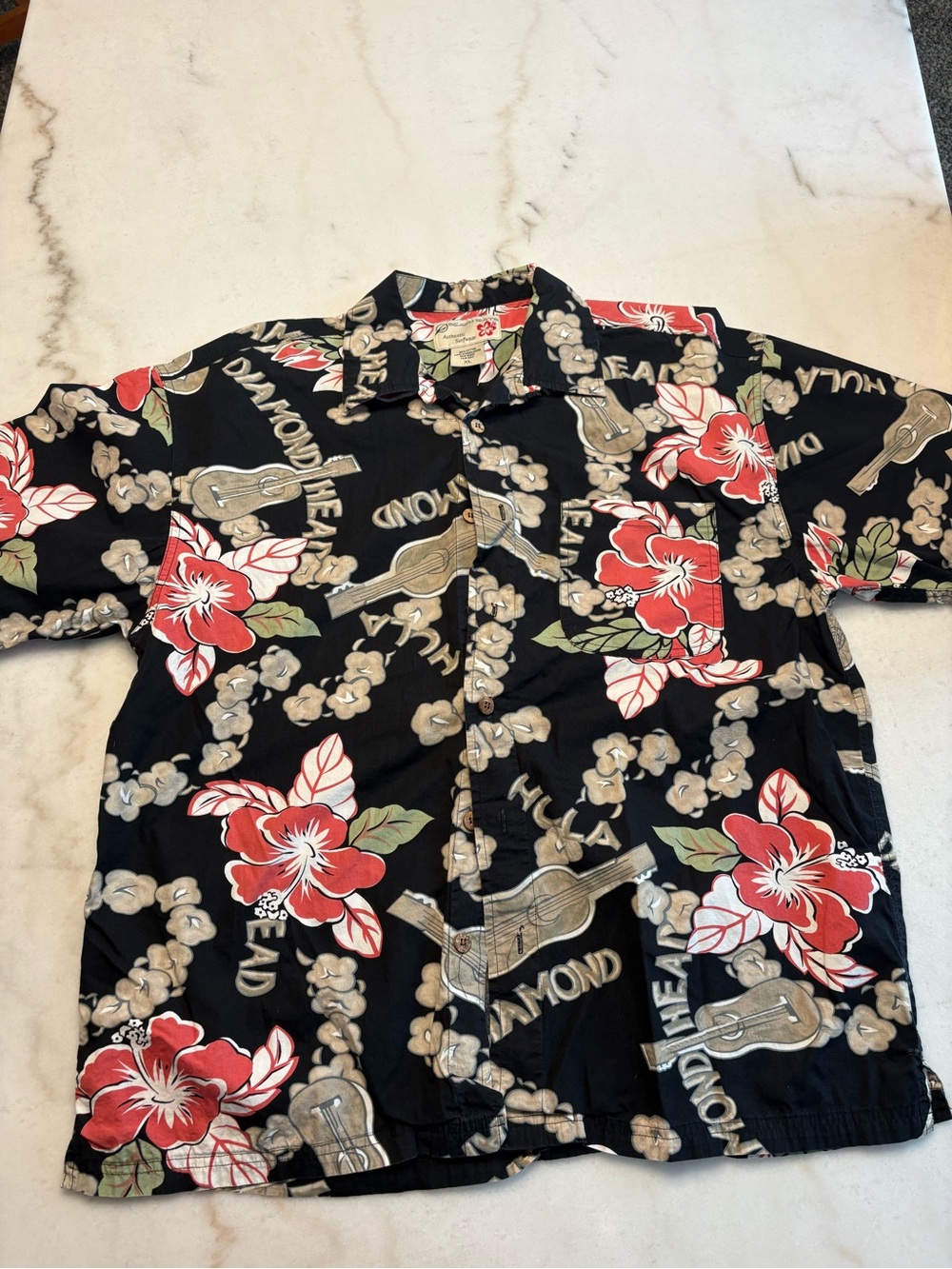 Casual Black Hawaiian Button-Up Shirt with Red Floral Print